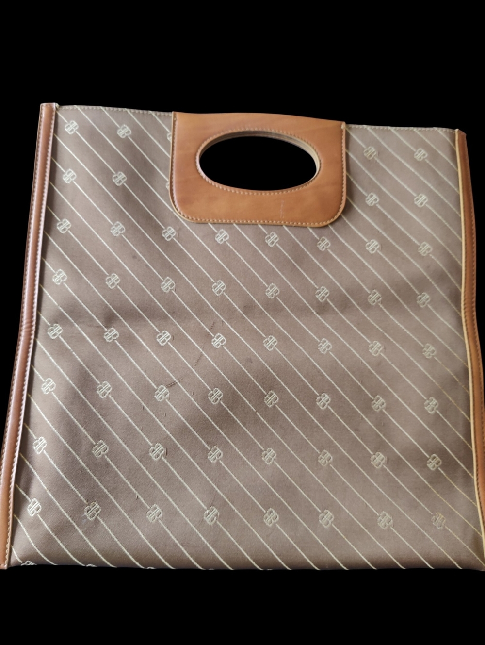Vintage Bill Blass Brown Patterned Tote Bag with Tan Trim -